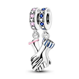 MULA S925 silver-plated holding hands couple pendant with pink and blue CZ and enamel details, compatible with Pandora bracelets and necklaces, a perfect romantic gift for women and girls
