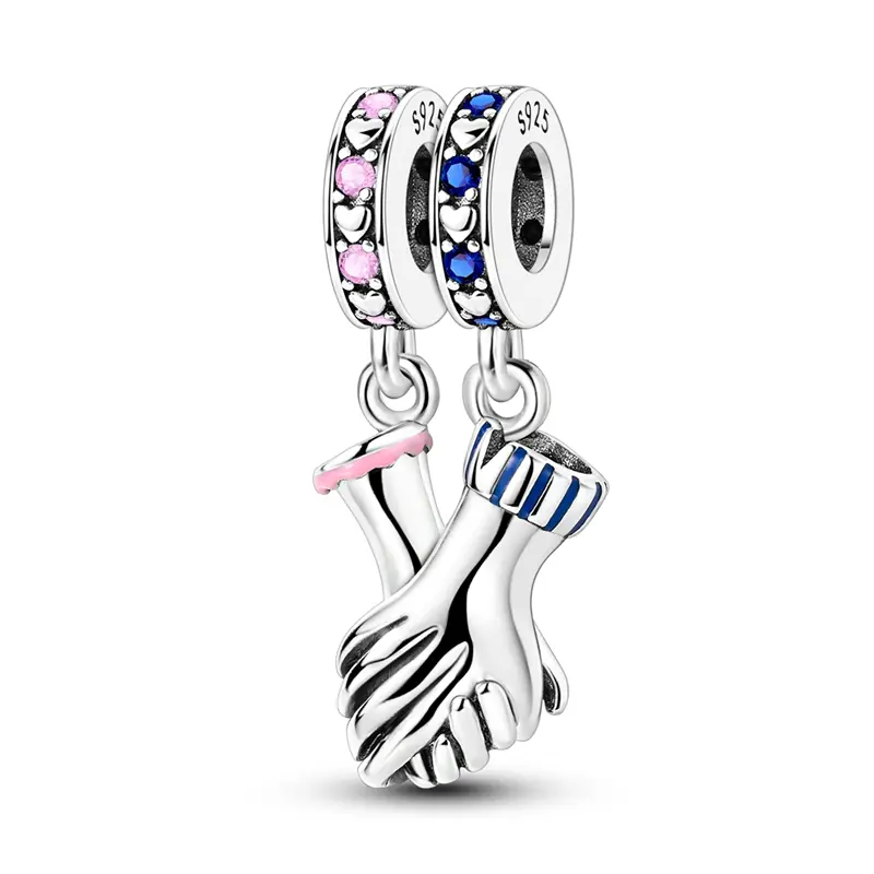MULA 925 Sterling Silver Holding Hands Unity Charm Pendant for Women, Casual Jewelry with Pink & Blue Zirconia, Pandora Compatible Anniversary Gift, Female, Valentines Day