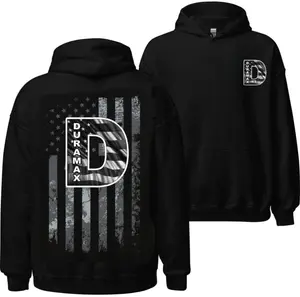 Duramax Diesel USA Flag T-shirt Hoodie for Men, Distressed American Flag Graphic Tee, Two Sided Diesel Truck Power Shirt, Patriotic Trucker Enthusiast Gift