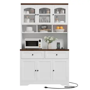 Gaomon 71" Heavy-Duty Farmhouse Tall Pantry Cabinet, White Solid Wood Multi-Shelf Kitchen Storage with Charging Port, Microwave Stand, Drawers for Living Room, Dining Room, Fluted Glass
