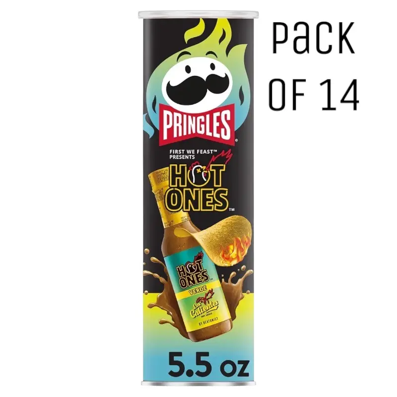 Pringles Hot Ones Los Calientes Verde Crispy Potato Crisps, Smokey Verde Heat Hot Sauce-Inspired Spicy Snacks, 5.5oz Cans (14-Pack), Contains Milk and Wheat Ingredients