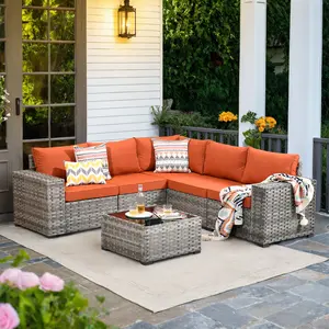 XIZZI 6-Piece Outdoor Sectional Patio Furniture Set with Fire Pit Table Wicker L-Shaped Couch Extra Deep Sofa Glass Top Coffee Table for Porch Gardens Balconies
