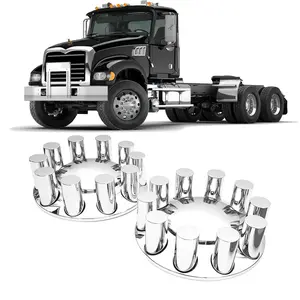 2 Front Chrome Plastic Dome Axle Covers w/ 33mm Cylinder Lug Nut Covers for Semi Trucks