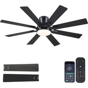 Ceiling Fans with Lights- 52" Low Profile Indoor Ceiling Fan with Light and Remote/APP Control, 8 ,Flush Mount, LED Dimmable DC Reversible Modern Ceiling Fan for Bedroom(Black)