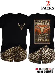 2-Pack Value Set, Matching Short-Sleeve Tees & High-Waisted Leopard Print Shorts, Comfortable Sleepwear for Lazy Days & Cozy Nights