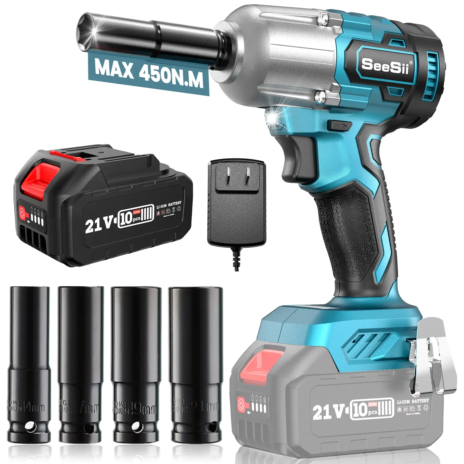Seesii Cordless 1/2-inch Brushless Impact Wrench, 450N.m (332Ft-lbs), 4000mAh Battery, Charger & 4 Sockets, Portable Impact Tools,WH460