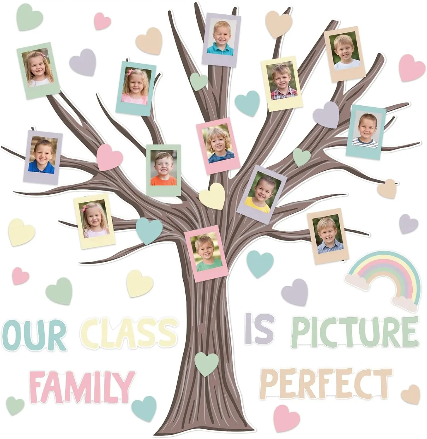 Gejoy 111 Pcs Classroom Tree Bulletin Board Decorations Set Hearts Tree Rainbow Photo Frame Cards Our Class Family is Picture Bulletin Board Set for Chalkboard School Home Decor