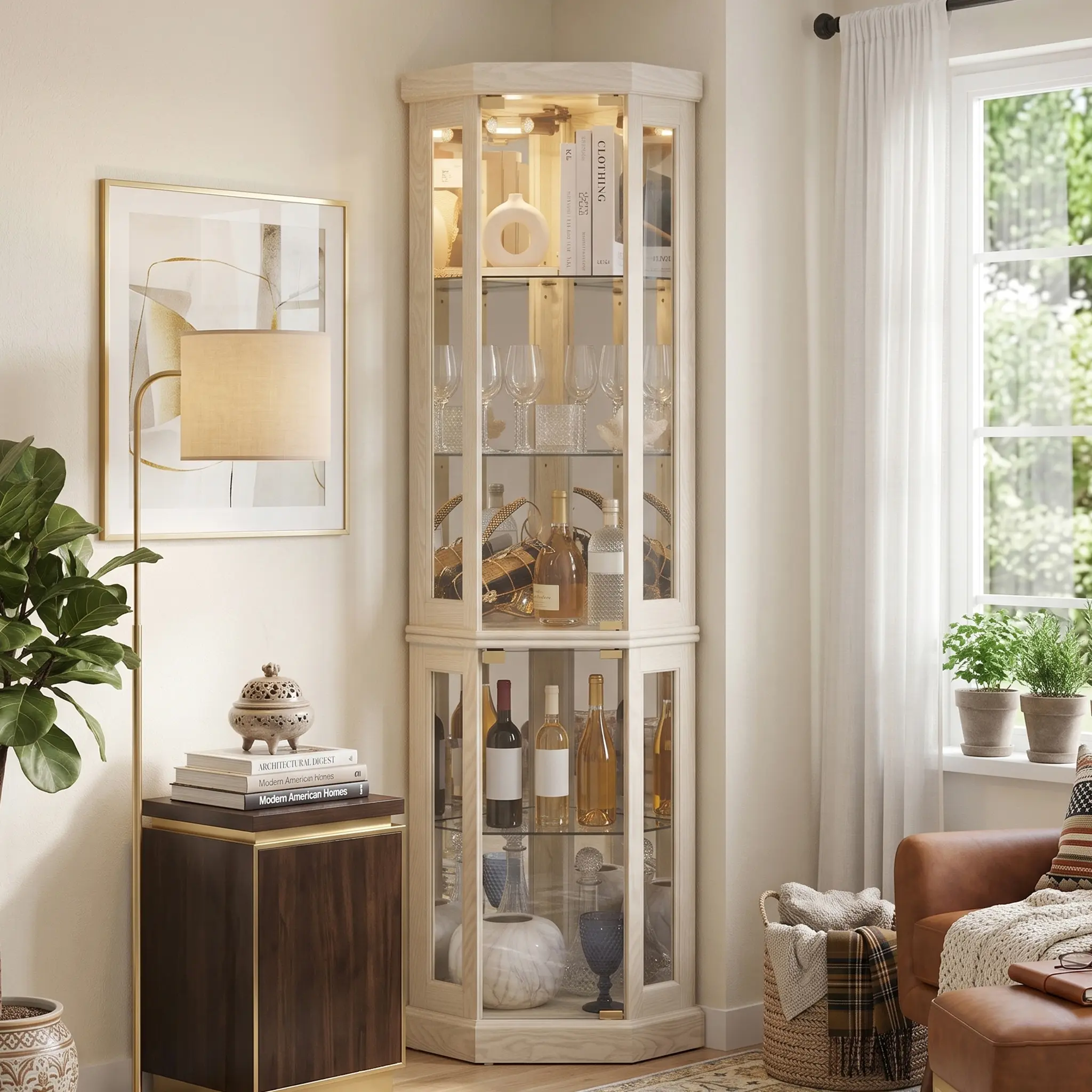 Eyisean 70" Corner Curio Cabinet, Lighted Glass Display Cabinet with Adjustable Shelves, Acrylic Mirror Back, Curio Cabine with Glass Door, Wooden China Cabinet for Living Room, Entryway 150 Lbs Weight Capacity