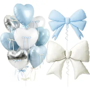 Blue White Heart Balloons, Large Foil Bow Balloons, 10Pcs 18 Inch Heart Shaped Foil Balloon with 38" & 30" Bow Balloon for Girls Women Birthday Valentines Shower Wedding Bridal Party Decor