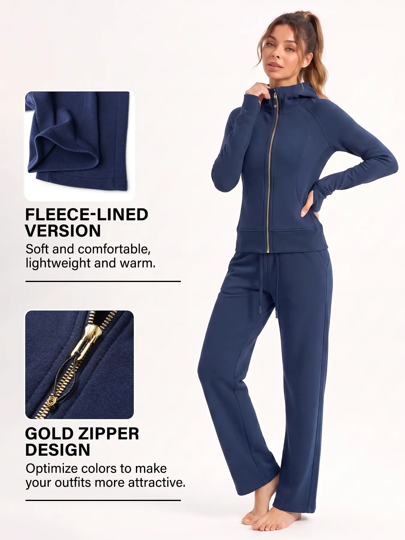 Women's Matching Sets Select Style Fleece Lined Full Zip Hooded Jacket OR High Waisted Wide Leg Drawstring Pants Sold Separately Gold Zipper Warm Cozy Winter Tracksuit Casual Loungewear Set