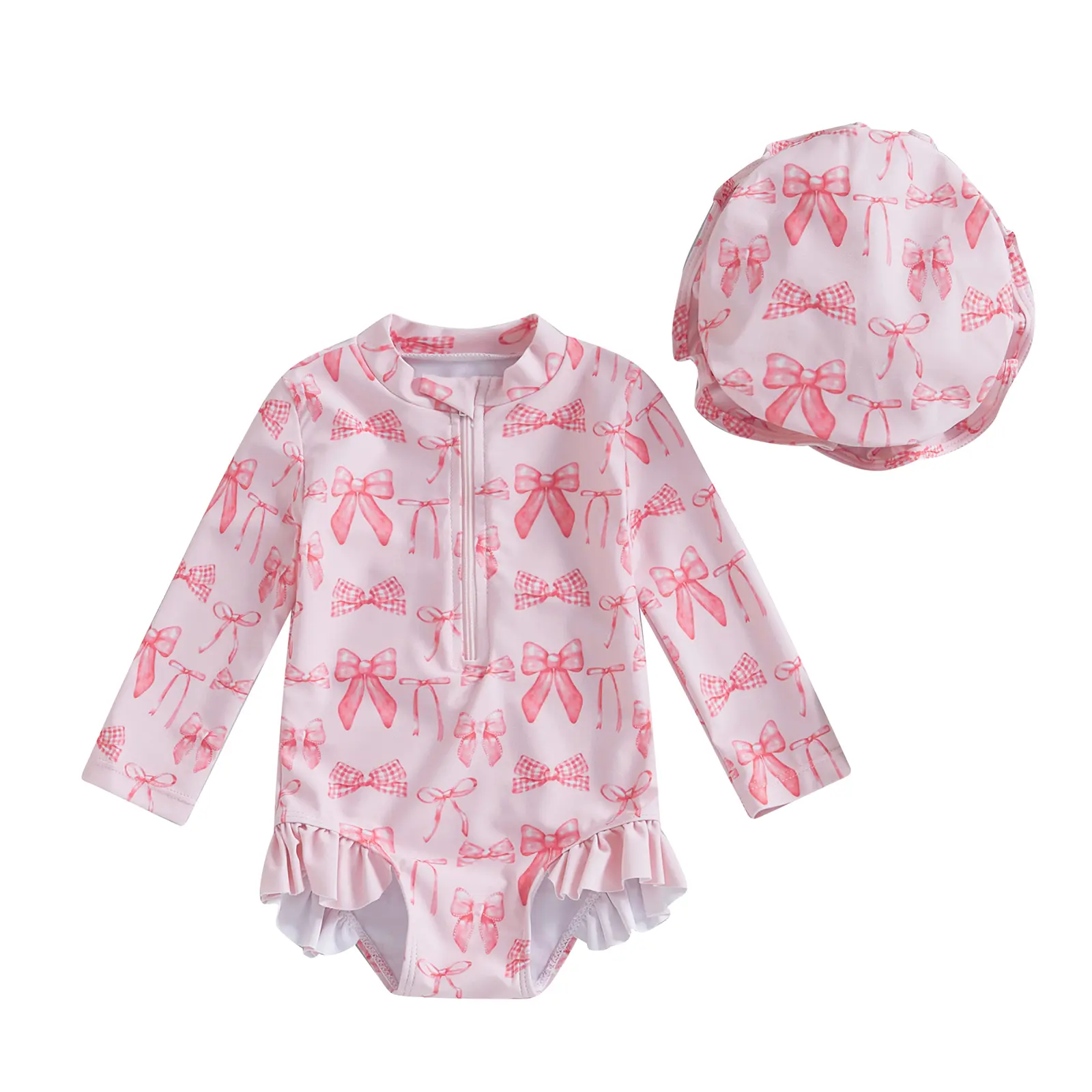 Toddler Baby Girl Long-Sleeve Bow Print Swimsuit Beachwear, Polyester Blend Zipper Rash Guard for Summer Beach Use, Bathing Suits
