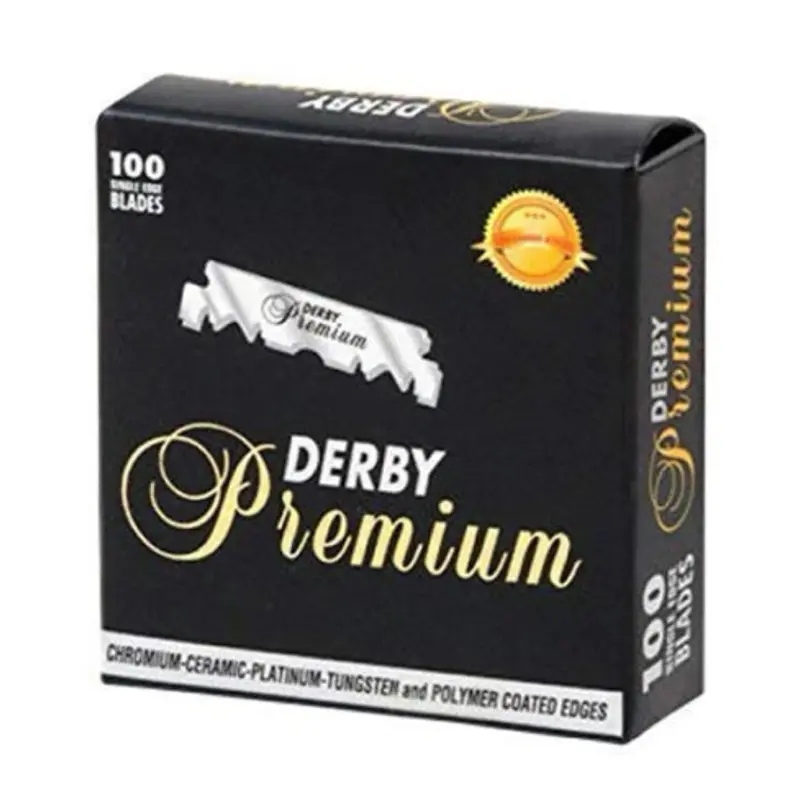 Derby Premium Blades 100 Count - Chrome Ceramic Platinum Tungsten & Polymer Coated Edges Smooth Titanium