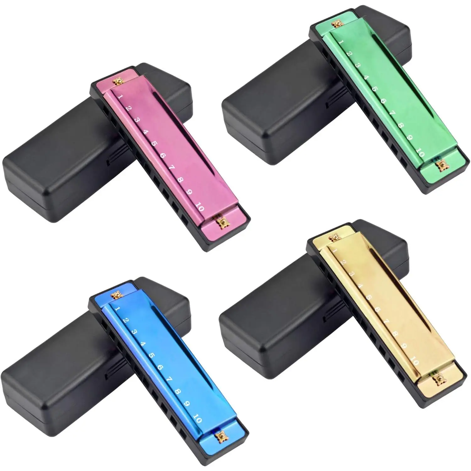 4PCS C Key 10-Hole 10-Tone Harmonicas with Case, Assorted Colors (Gold,Purple,Green,Blue) - Acrylonitrile-Butadiene-Styrene Resin, Copper, Nickel Resin Build, Beginner Student Musical Wind Instruments