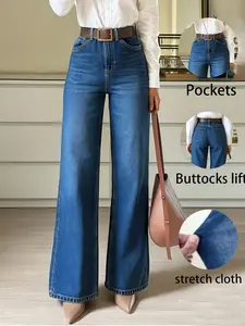 Wkwb Women's Classic Blue High-Waisted Wide-Leg Jeans, Stretch Fitted Fabric, Padded Pocket Butt Lifting Design, Loose Flowing Pants, All Sizes, Denim Bottom, Womenswear