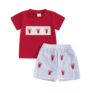 Toddler Baby Boy Crawfish Two Piece Outfit Short Sleeve T-Shirt Tops Seersucker Lobster Striped Shorts Southern Tracksuit Summer Clothes