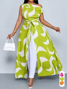 Women's Elegant Chic Geometric Print Dress, Spring Summer Casual Plus Size Long Sleeveless Shirt Dress, Fitted Slim Fit Split Design, Womenswear, Casual Fashion Dresses