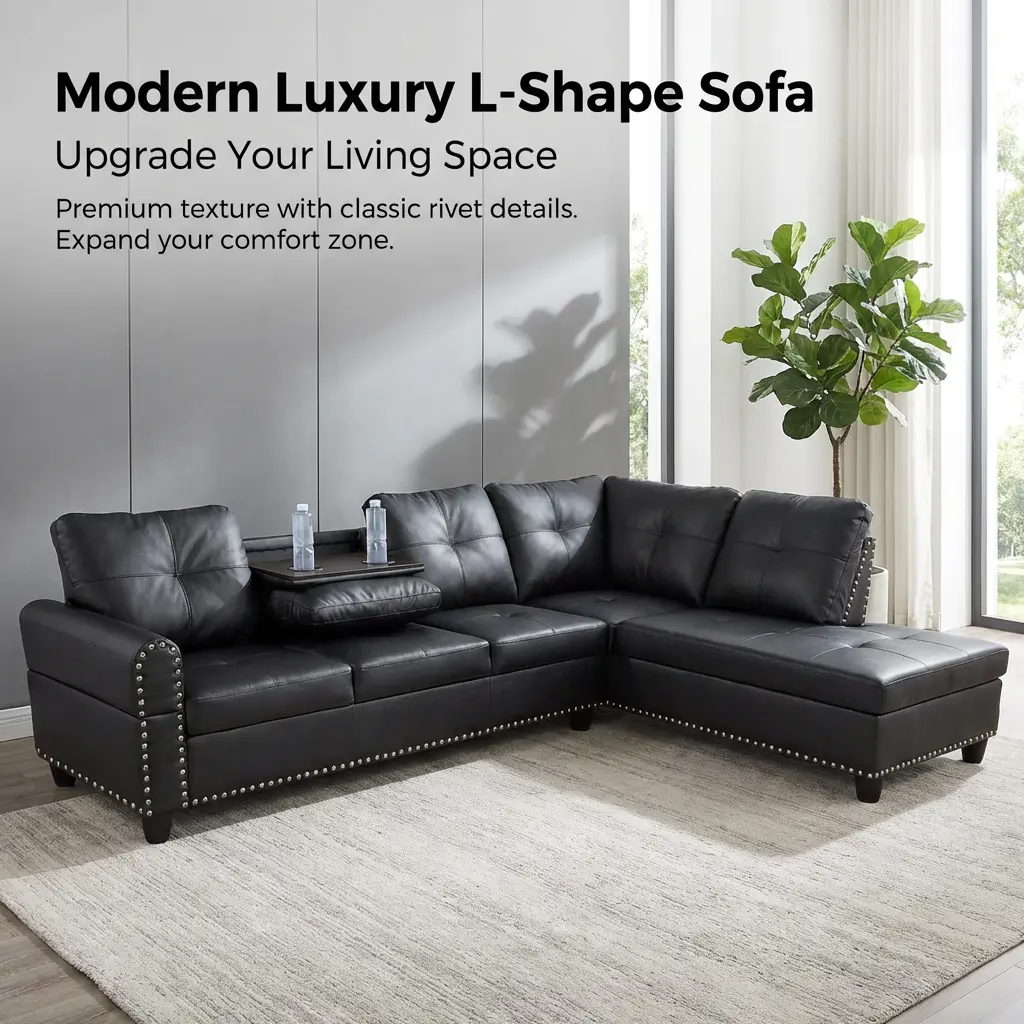 Multiple Color Modern Luxury L-Shape Sofa Set  in PU/Linen with Double Layers Springs & High Density Sponge for Ultimate Comfort Wear-Resistant Solid Wood Anti-Insect Design