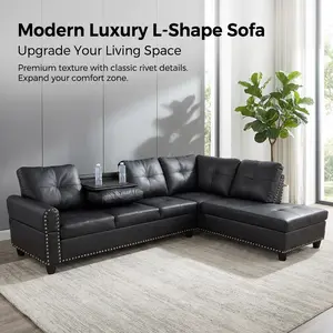 Modern Luxury L-Shape Sofa Set in Black Faux Leather with Double Layers Springs & High Density Sponge for Ultimate Comfort