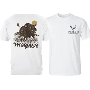 Wildgame Collective T-Shirt – Running Wild Boar Grassland Graphic Back Print, Minimalist Antler Logo Front, Outdoor Wildlife Hunting Apparel for Nature Enthusiasts