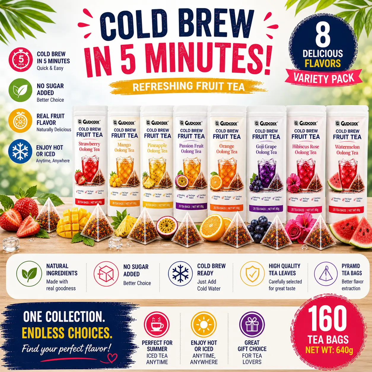 GUDCOIX Cold Brew Oolong Tea Bags Variety Pack, 8 Flavors Sampler (Mango, Passion Fruit, Hibiscus Rose, Goji Grape, Orange, Pineapple), No Sugar Added, 20 Pyramid Tea Bags for Iced Tea