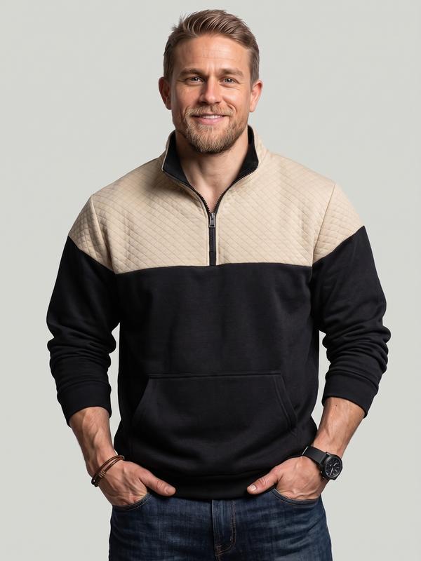 KZZ Men's Half-Zip Collared Neck Color Contrast Hoodie, Casual Long-Sleeve Zipper Pullover, Work-Ready Menswear Patchwork Top