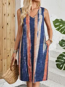 Summer V Neck Dress Boho Casual Sleeveless Striped Colorblock Print Dress, Stylish Women's Fashion, Perfect for Daily Wear, Everyday