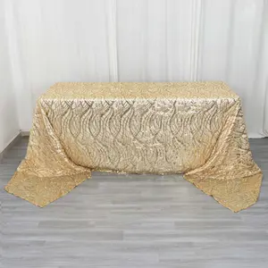 Mesh Rectangle Tablecloth 90"x156" Champagne - Wave Embroidered Sequin Table Cover