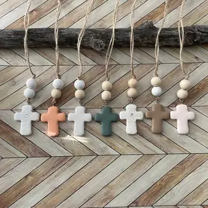 Cross Car Mirror Hangers - Christian Cross Hanging Ornament - Polymer Clay Cross Beaded Rear View Mirror Accessory - Cross Charm Gift