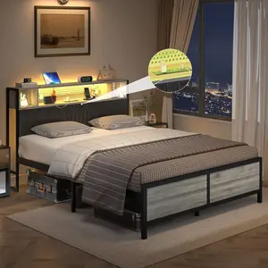 HOMBCK No mattress, Bed Frame, LED Light, Headboard Storage, Heavy Duty Metal Slat Support, No Box Spring Needed, Noise-Free