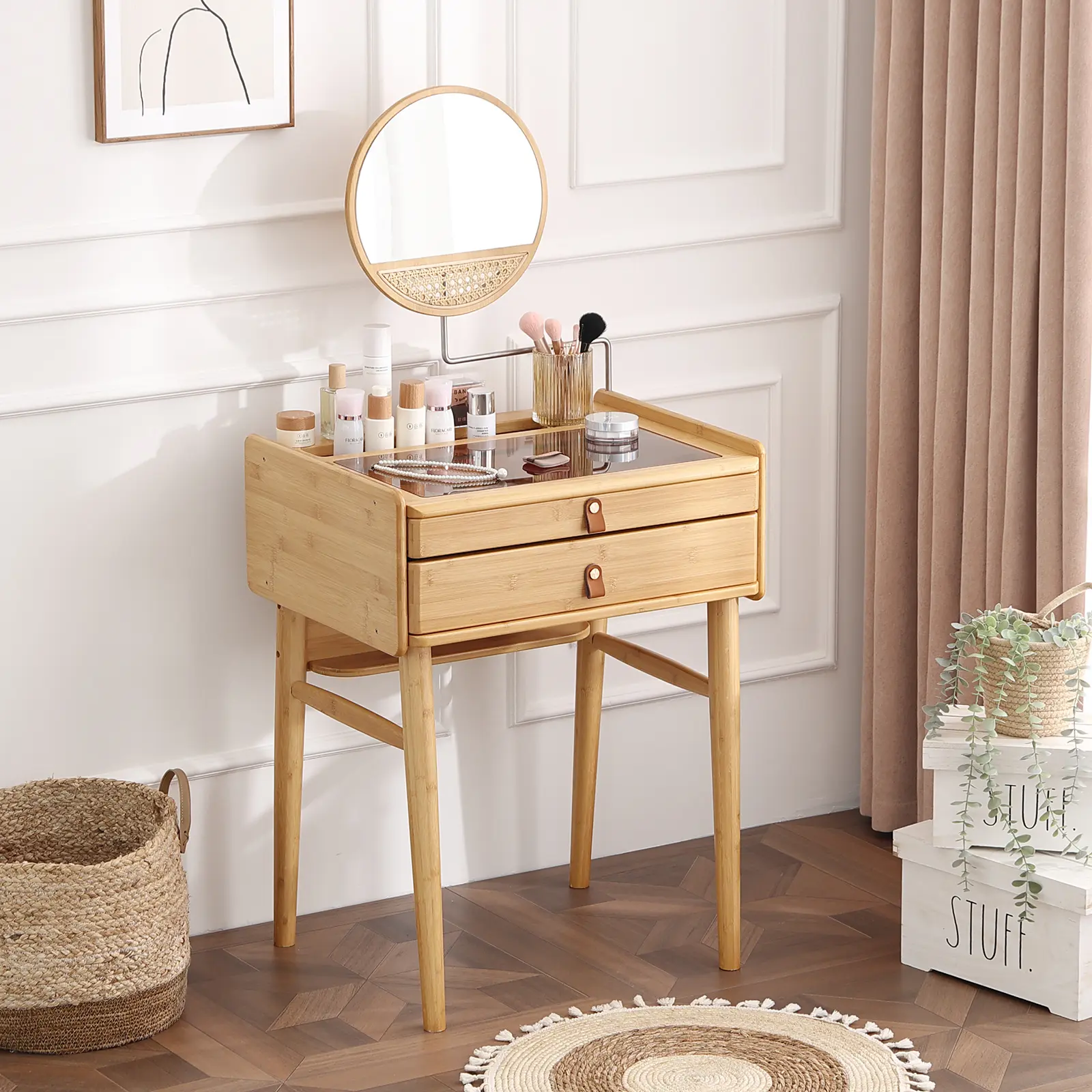 Vanity Desk, Makeup Vanity Table with Mirror, Dressing Table with 2 Drawers,Modern Wood Bedroom Vanity Vintage Dressing Table for Women Girls, Wood