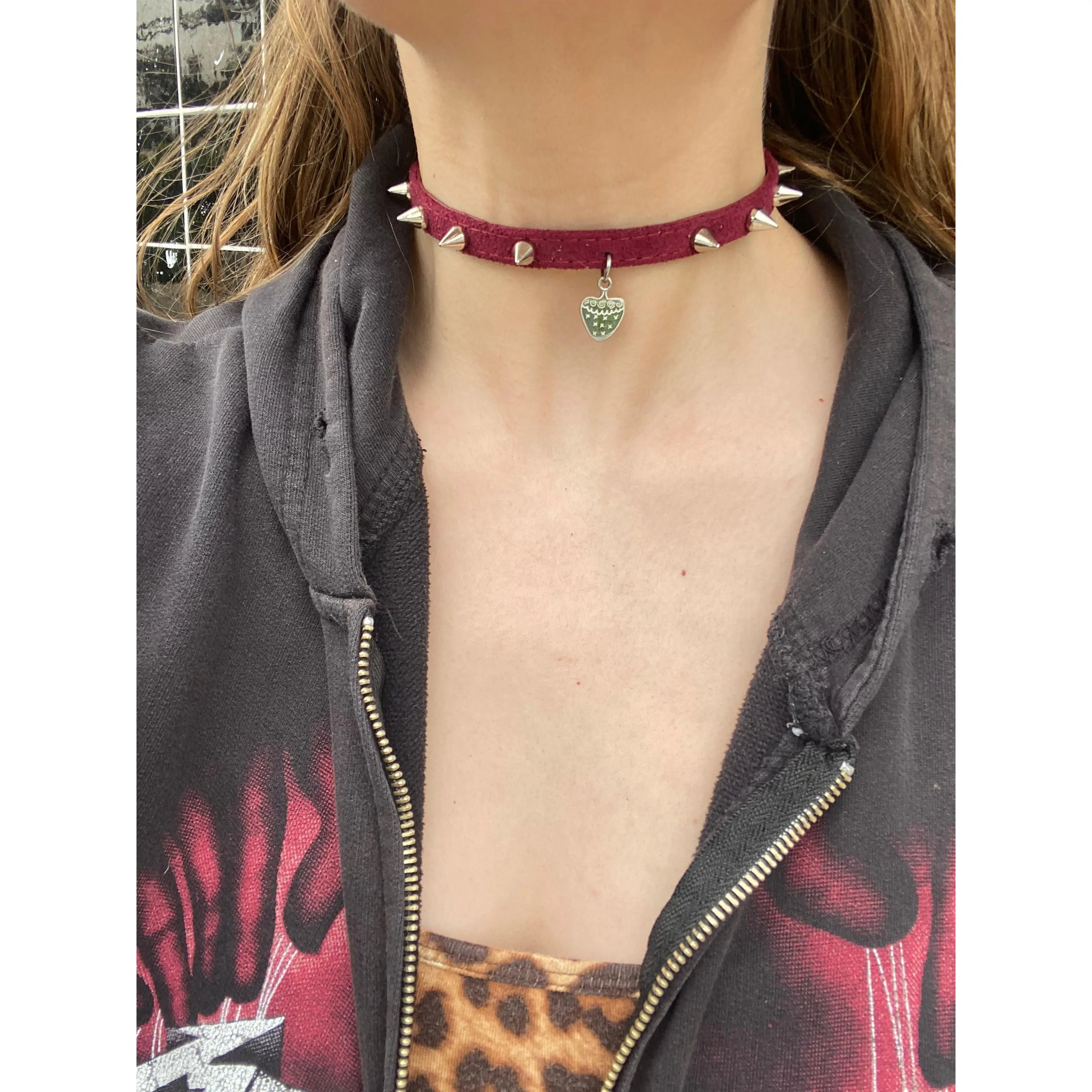 Burgundy Strawberry Spiked Choker