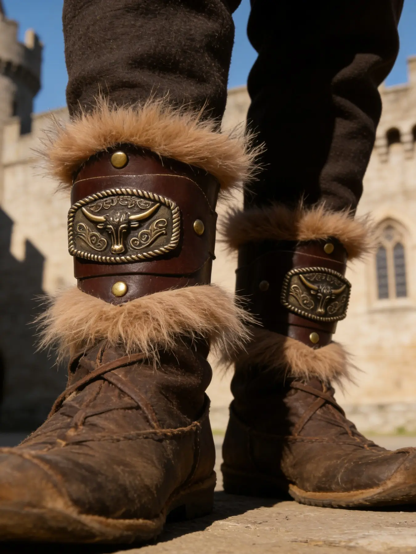 Adjustable Medieval Viking Boot Covers with Fur Trim, Perfect for Larp Cosplay Renaissance Fairs, Vintage Outdoor Adventure Style