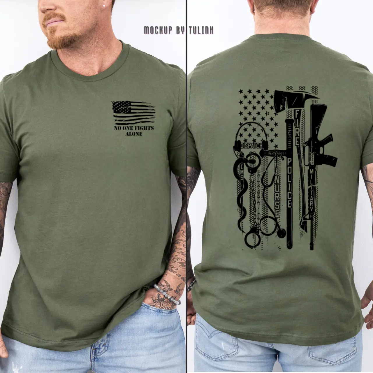 Unisex Short-Sleeve Menswear Top, "No One Fights Alone" Graphic T-Shirt - American Flag Design Honoring First Responders, Casual Everyday Wear