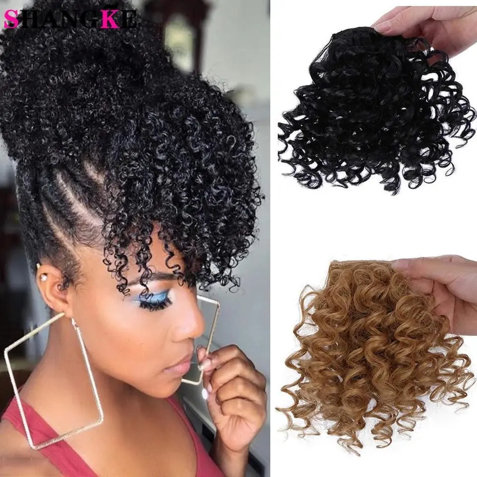 SHANGKE Synthetic Black Kinky Curly Bangs Hair Extensions For Women Hair Clip In Hairpiece Fake Hair Brown Light Golden