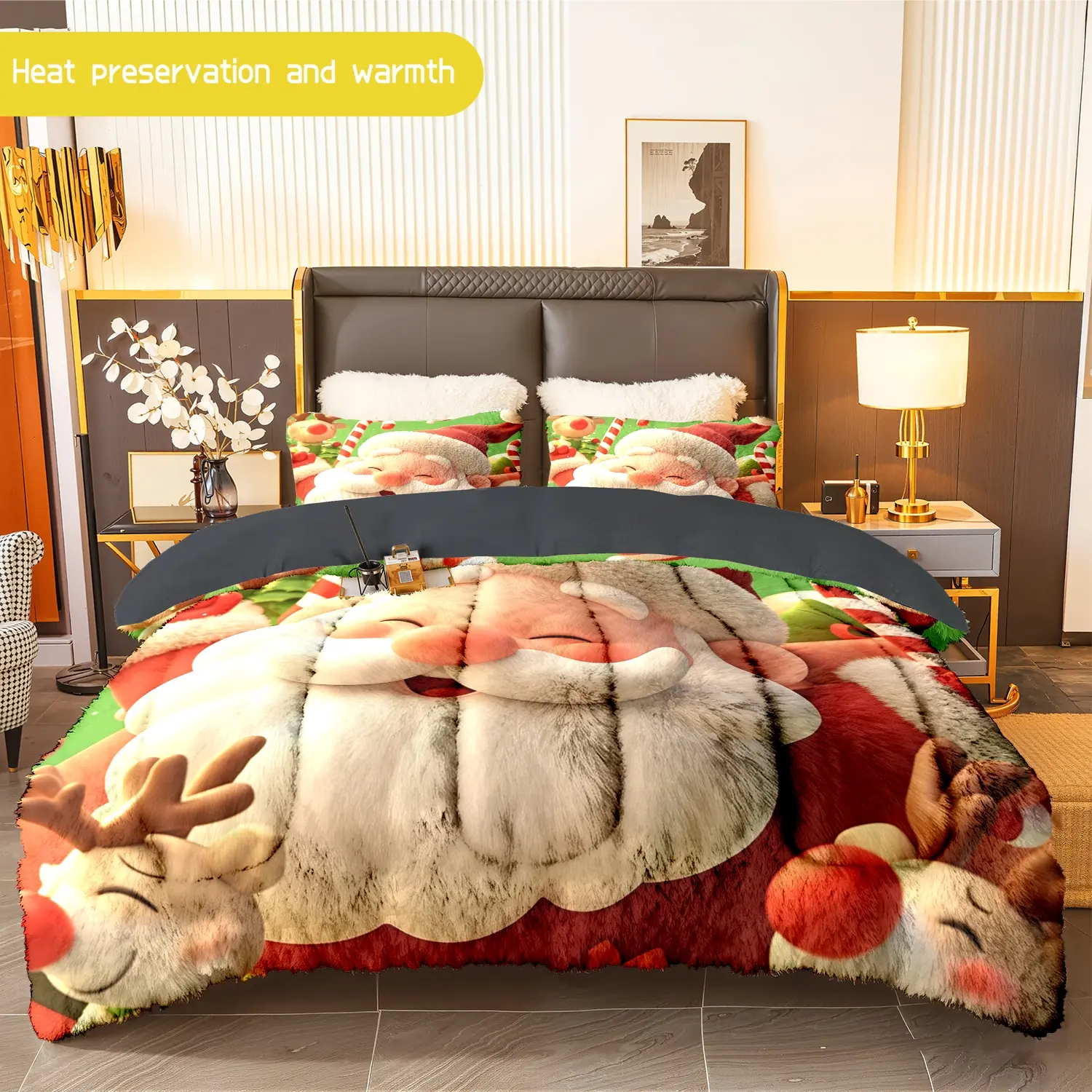 3pcs (1 comforter + 2 pillowcases) Santa Claus Print Flannel & Milk Velvet Comforter Set, Ultra - Soft and Warm Bedding Set for Adults, Cozy Winter Bedding Essentials