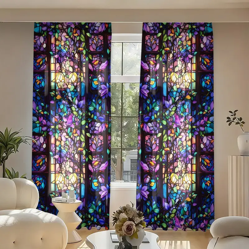 2 pieces, colored glass fan (Tiffany style) - installed with pocket rods, digital vine pattern curtains, Art Style Curtains, suitable for living room, closet, bedroom, study, dining room, home decoration