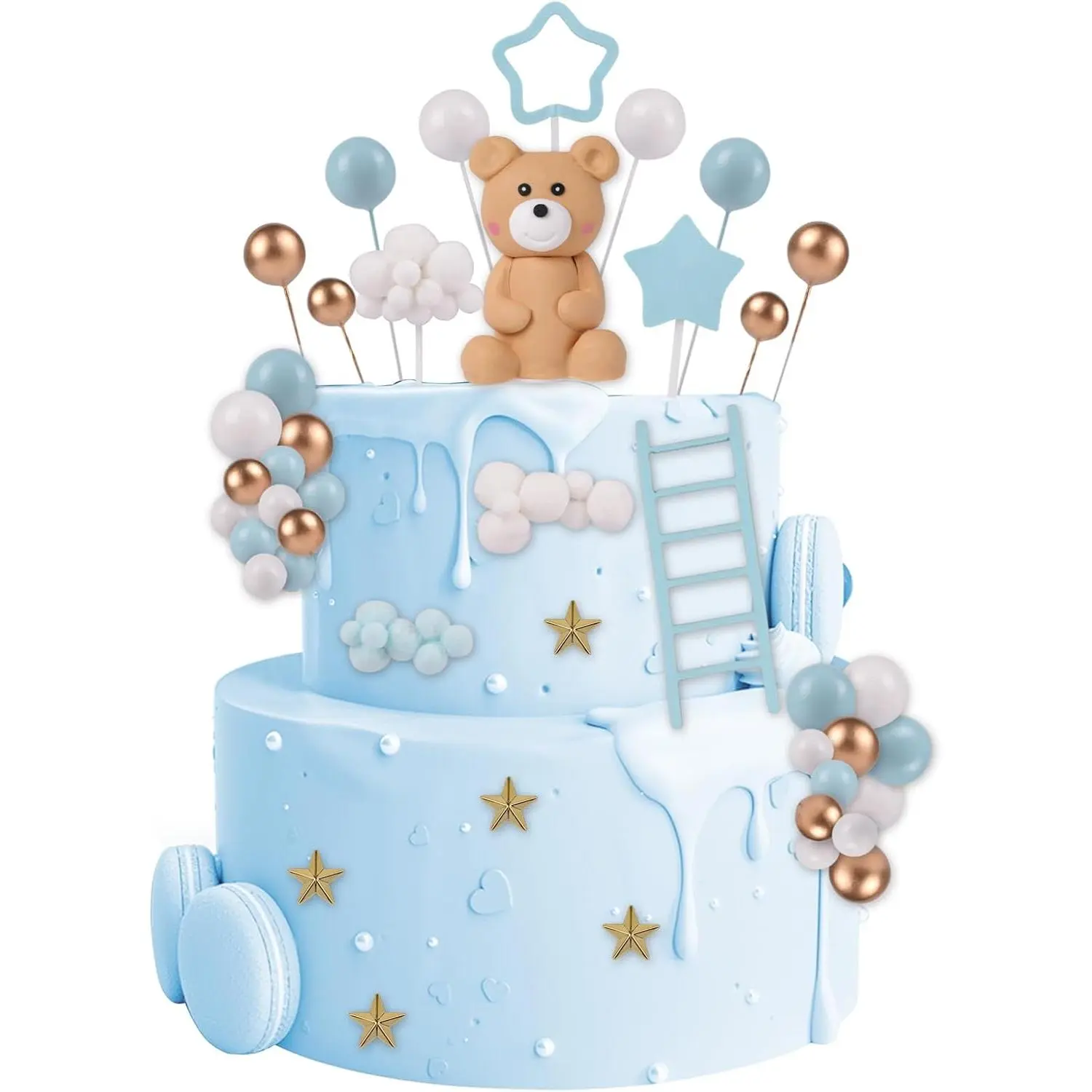 F-PSD15 46-Piece Reusable Plastic Polymer Clay 3D Brown Teddy Bear Ball Cake Decorating Kit, Cloud & Star Toppers, Themed Cake & Cupcake Toppers for Birthday Ceremony Supplies (Blue), Topper, Ornaments