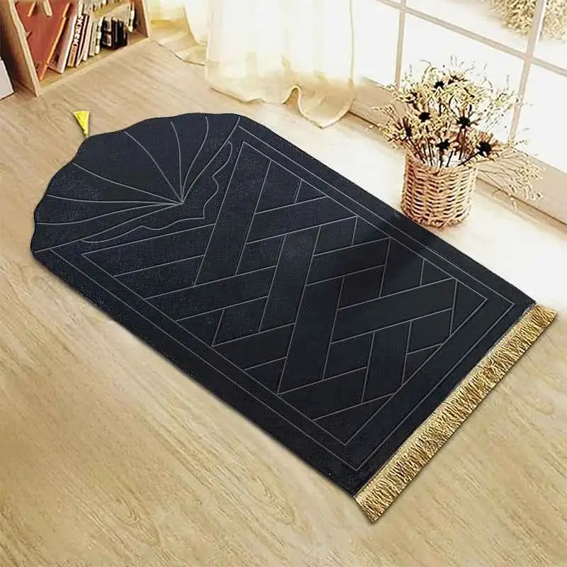 Thick Padded Muslim Prayer Mat with Embossed Pattern - Soft, Durable Mat with Tassels for Home & Travel, 65 x 110 cm, Includes Mat