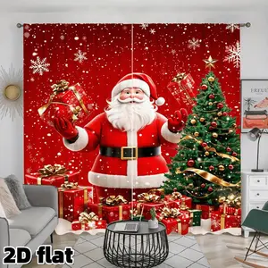 2D Flat 2Pcs Festive Christmas Window Curtains Red Holiday Theme Snowflake Pattern Semi Sunshade Polyester Thermal Curtain Gift Box Tree Print Rod Pocket Design for Living Room Bedroom Kitchen Dining Decor Treatment