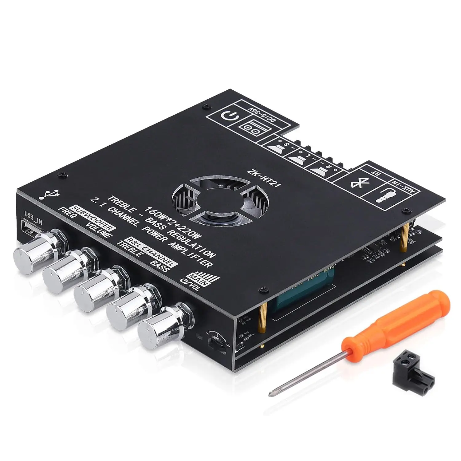 ZK-HT21 Bluetooth Amplifier Board - 2.1 Channel Receiver with TDA7498E HiFi Chips, 160Wx2+220W Subwoofer Power, BT/USB/AUX Inputs, DC15-36V, Protection for DIY Home Speakers, Equipment, Connection