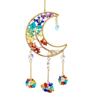 Moon Dream Catchers with Crystal 7 Chakra Gemstone Dream Catchers Crystal Moon Suncatcher Rainbow Maker Good Luck Decor for Window Wall Car Home Garden