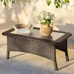 Tribesigns Outdoor Wicker Coffee Table with Hammered Glass Top, Hand PE Rattan Wicker Patio Furniture Set, All-Weather Rectangular Patio Table for Deck, Backyard, Porch, Poolside