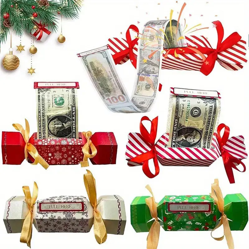 4pcs Christmas Surprise Money Pull Pouch, Surprise Pull Out Money Gift Box, DIY Rectangle Christmas Money Pull Pouch Kit for Cash Gift, Pouch, Christmas Fun Ways to Give Cash,Christmas Money Dispenser, Gift Box Design