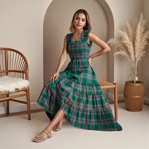 Christmas Women Sleeveless Dress Summer Casual Plaid Print Ruffled A-Line Party Dress for Beach Club Streetwear Womenswear Fashion Vintage Style Smocked Green Polyester
