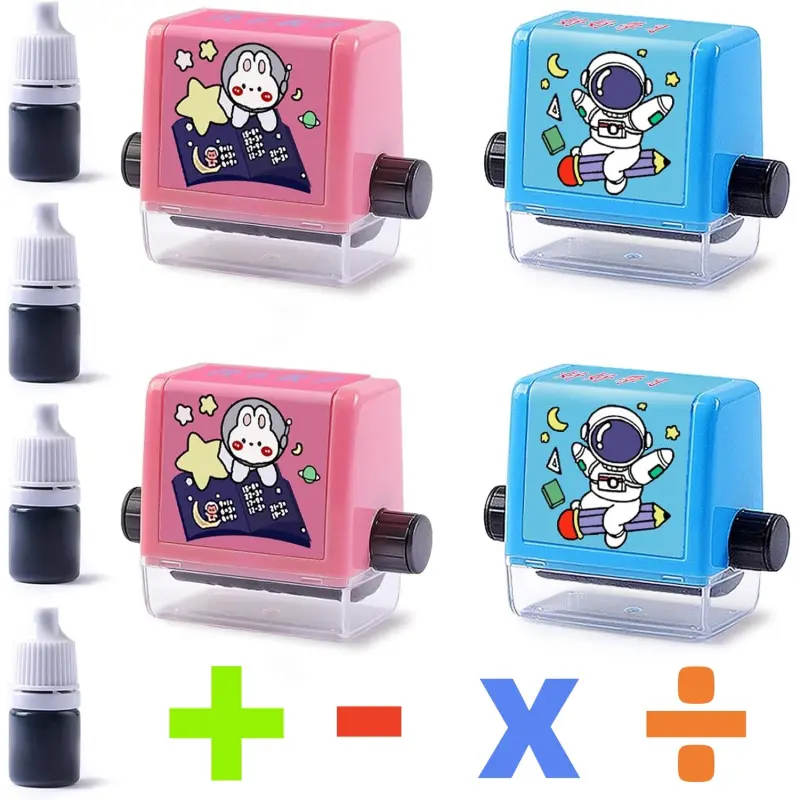 Smart Math Stamp Set 4PCS, Educational Roller Stamps for Arithmetic Practice, Addition, Subtraction, Multiplication & Division Learning Tools for School & Home Use Design
