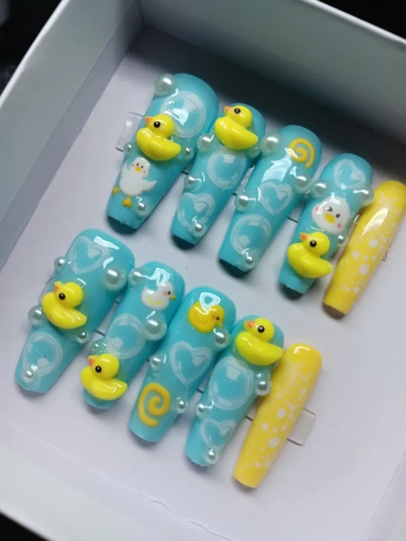 Rubber Duckie Bath Time Press On Nails Set Meme Duck Pearl Charm