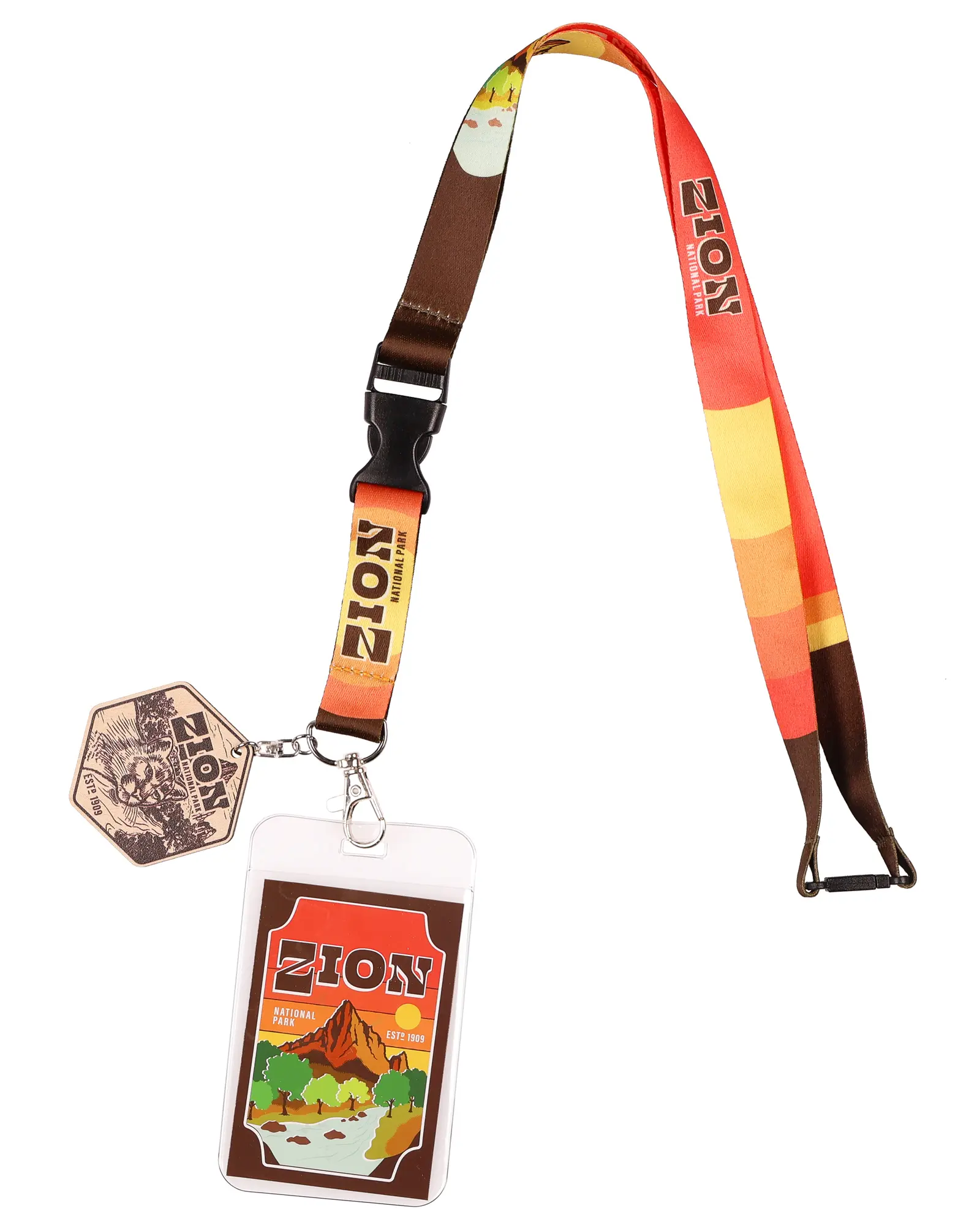Zion National Park Lanyard With Wooden Mountain Lion Charm Breakaway Clasp and Clear ID Holder Keychain