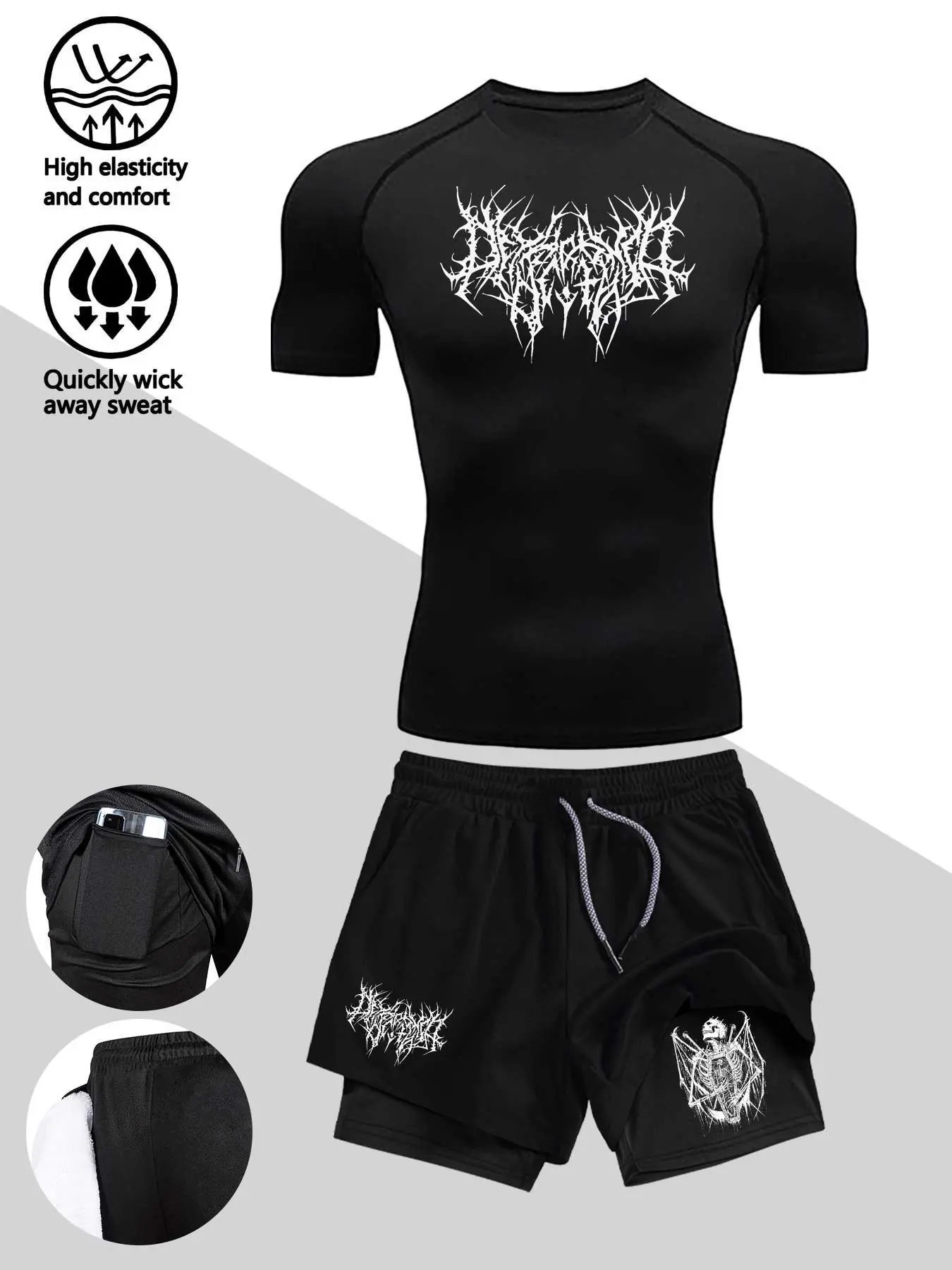 Men's Two-Piece Set, Activewear, featuring a Thorns-Style Text Pattern, Short-Sleeve Top & Double-Layer Shorts. Features a stretchy, slim-fit design, sweat-wicking, breathable, and durable. Ideal for sports, fitness training, and outdoor activities