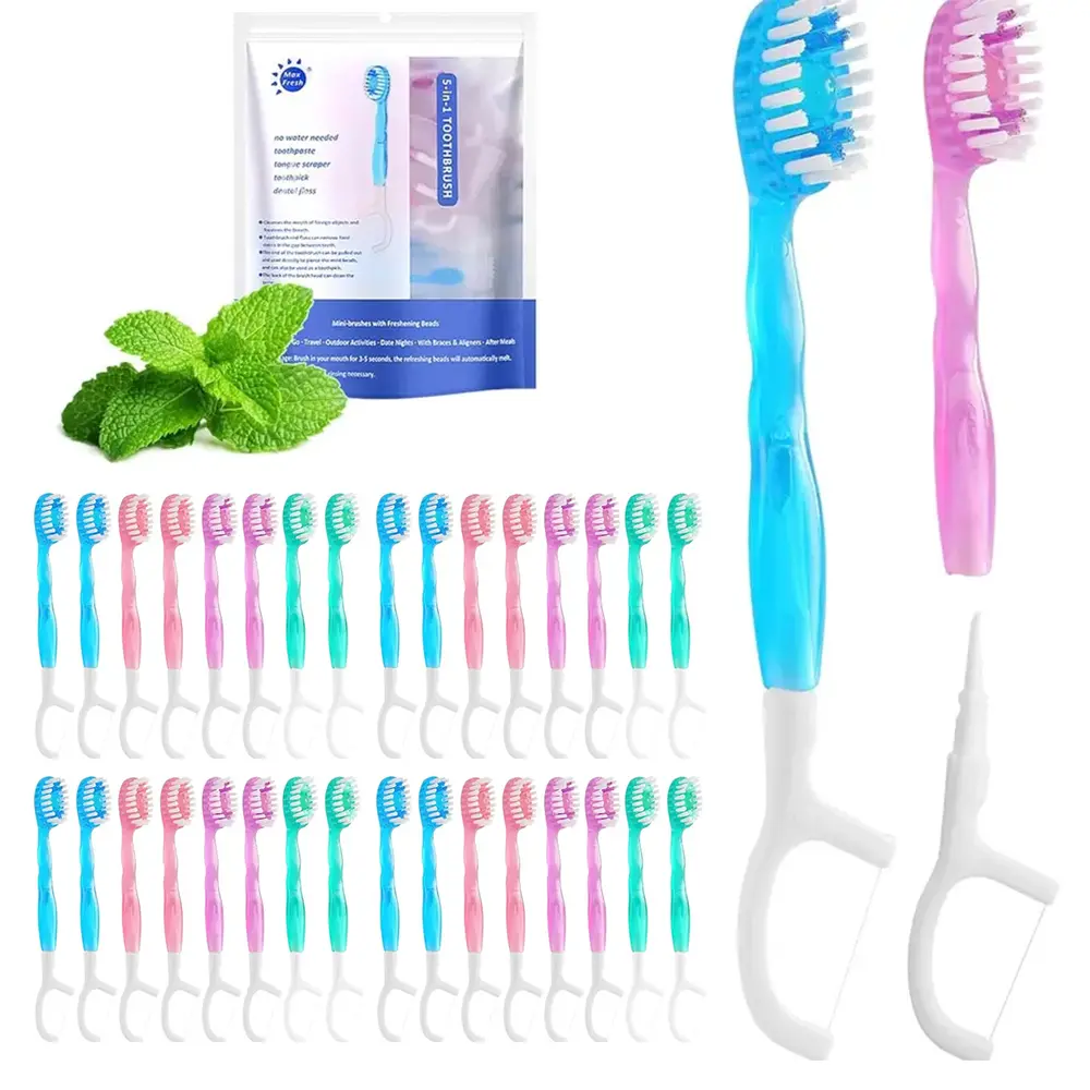 [Back to School] 26-Pcs 5-in-1 Design Mini Disposable Travel Toothbrush Set, Soft Bristles Oral Hygiene Kit, Fruity Citrus Scent, Individual Wrap for Business Travelers & On-the-Go Fresh Breath