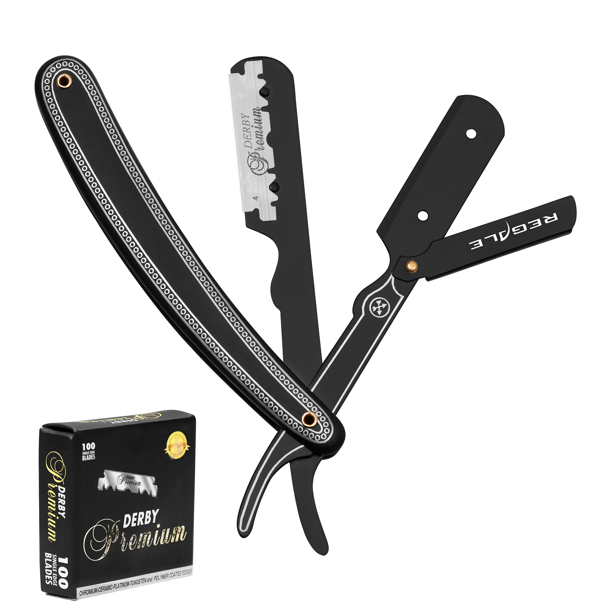Regale Barber Supply Shavette Straight Razor, Compact Stainless Steel Body for a Smooth Shave, Ergonomic Handle, Half DE Blade Compatible, Black with Platinum Accents, Barbershop, Lightweight, Black Matte Coating, Replaceable, Folding Mechanism, Grooming